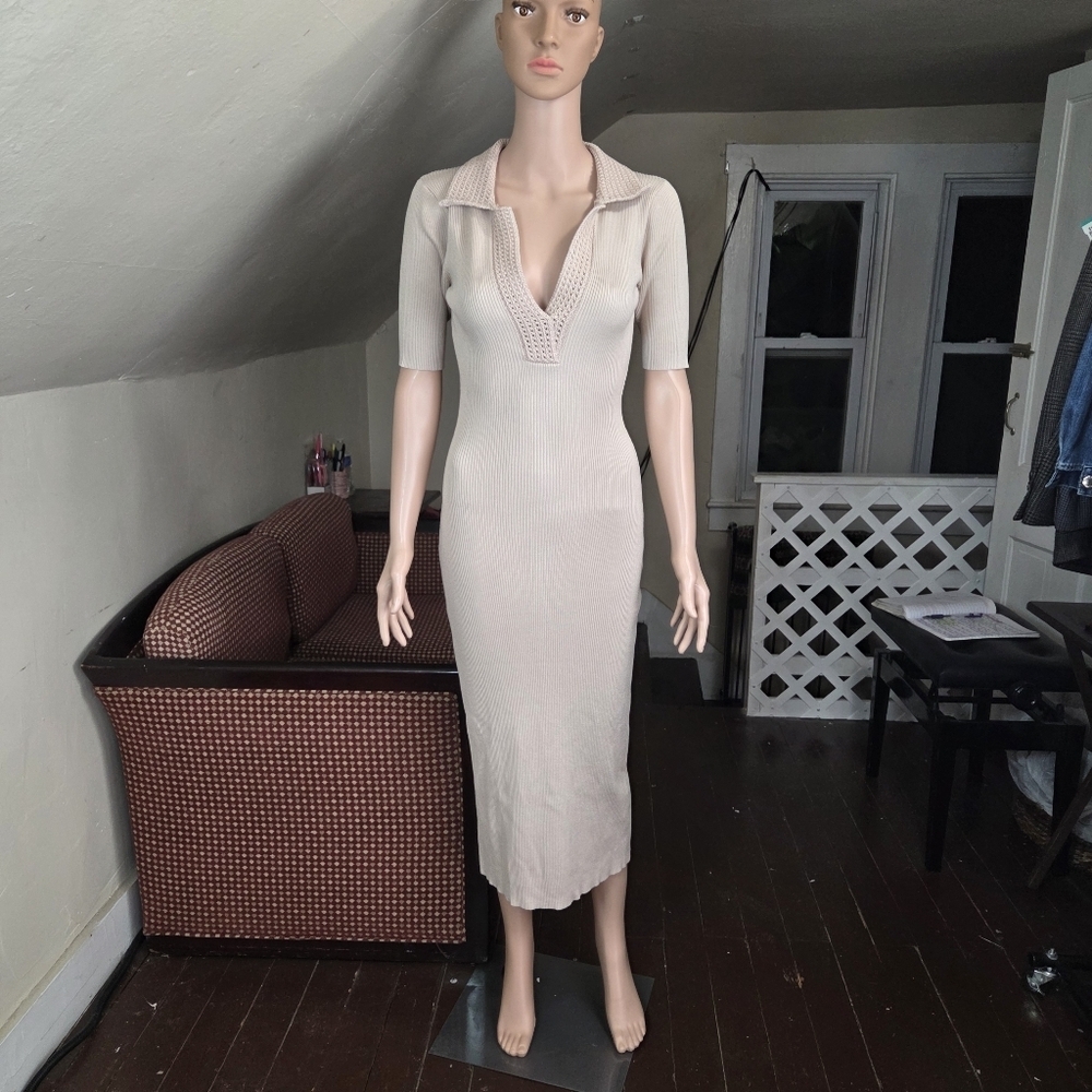 Caroline‎ Constas Ribbed Knit Midi Dress Beige Polo Collar Short Sleeve Size S
